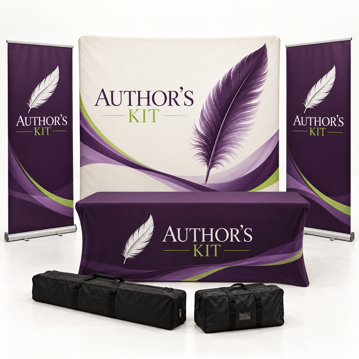 Kit completo · 8′ × 8′: backpanel, dos banners y mantel stretch